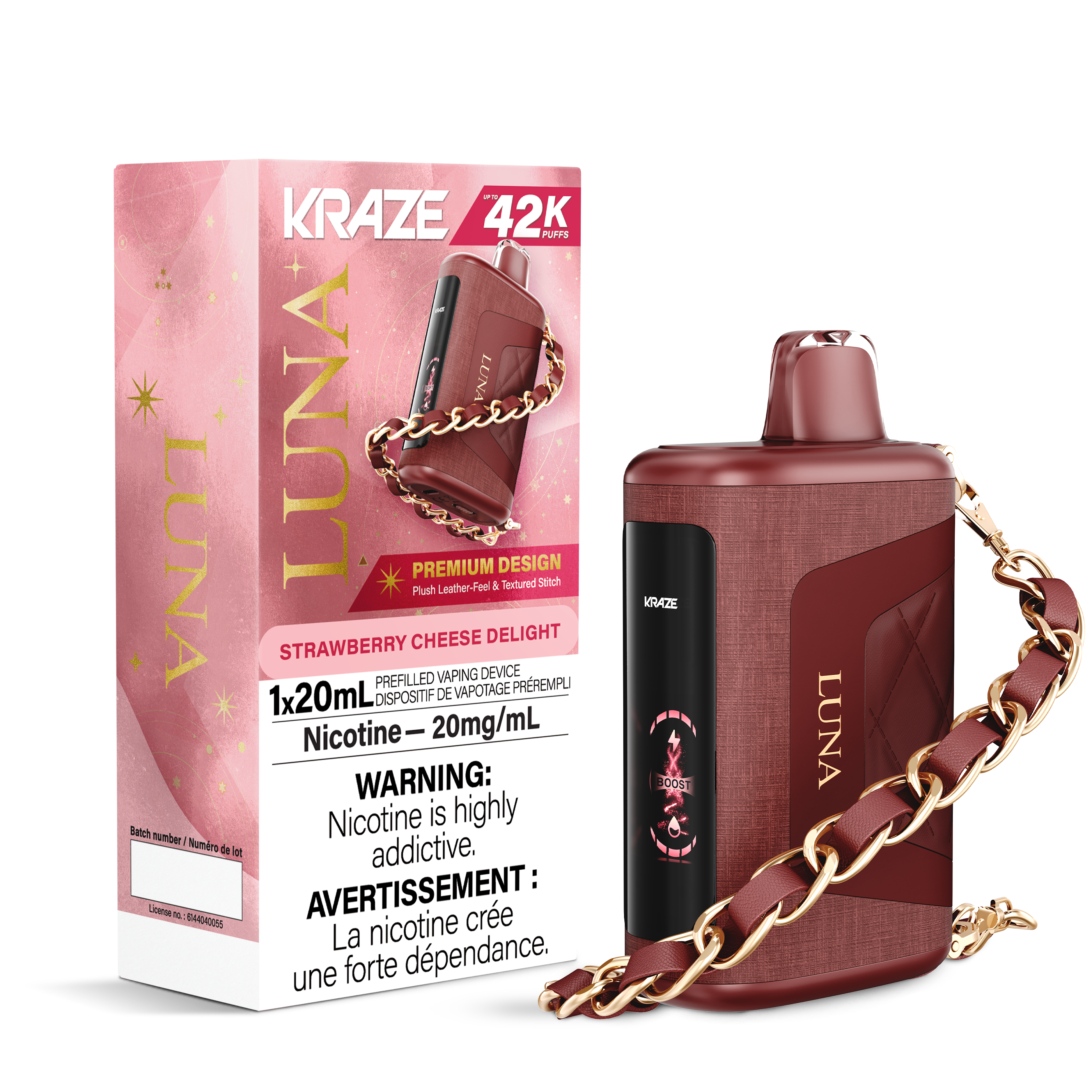 Kraze Luna 42K Disposable Vape – ultra-capacity 42,000-puff device with high-performance dual mesh coil, OLED screen, Type-C recharge and premium luxury finish.
