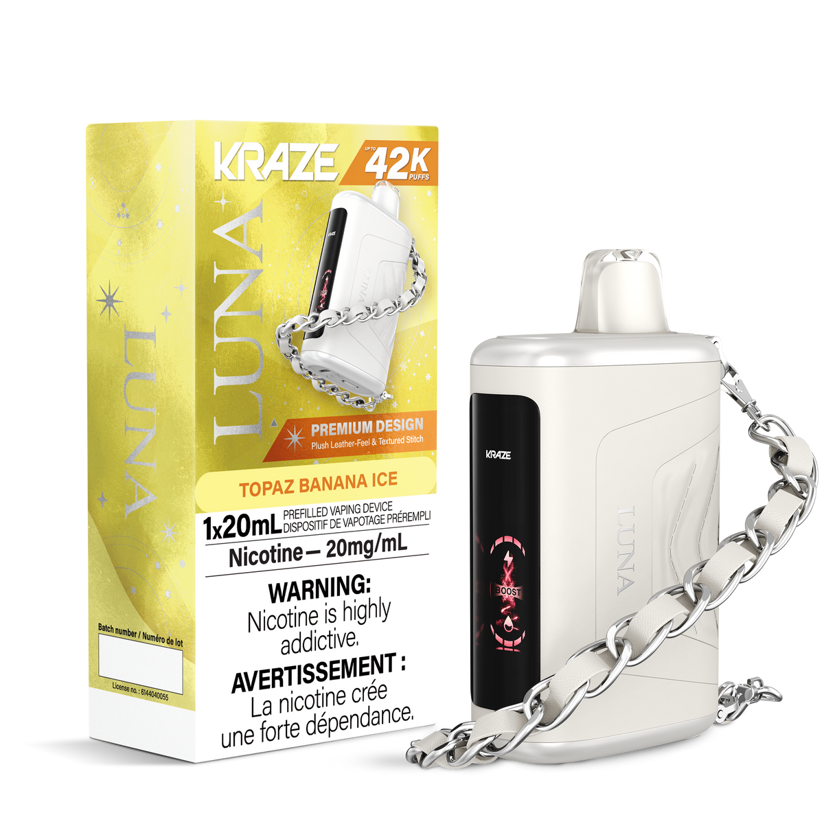 Kraze Luna 42K Disposable Vape – ultra-capacity 42,000-puff device with high-performance dual mesh coil, OLED screen, Type-C recharge and premium luxury finish.
