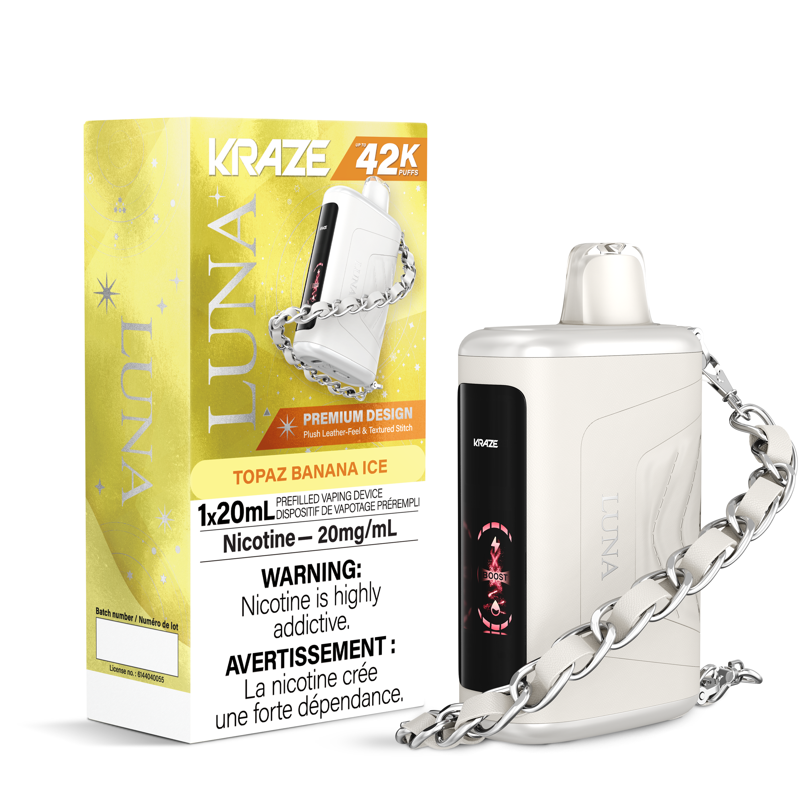 Kraze Luna 42K Disposable Vape – ultra-capacity 42,000-puff device with high-performance dual mesh coil, OLED screen, Type-C recharge and premium luxury finish.
