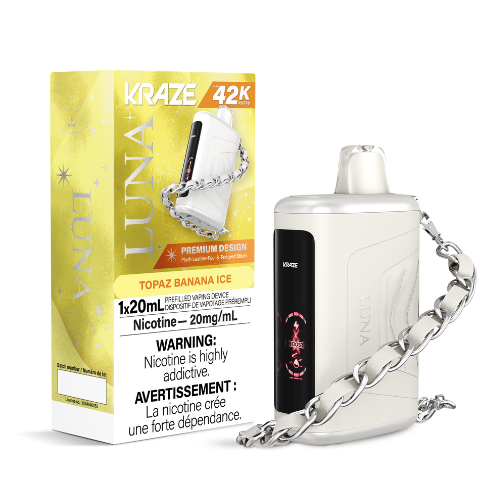 Kraze Luna 42K Disposable Vape – ultra-capacity 42,000-puff device with high-performance dual mesh coil, OLED screen, Type-C recharge and premium luxury finish.