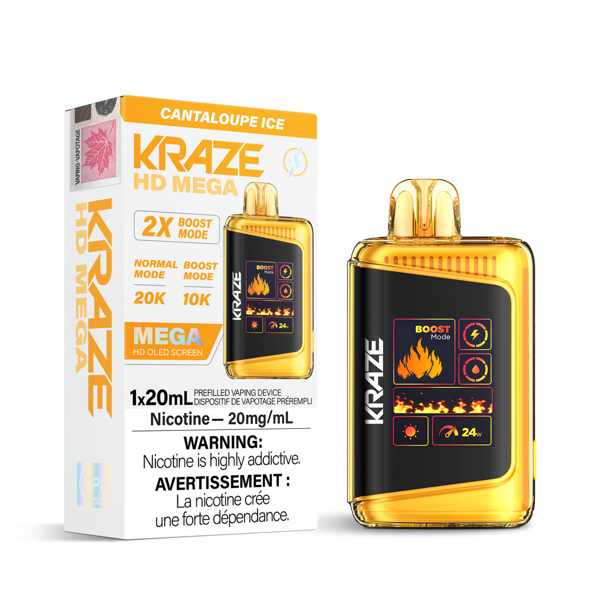 Kraze HD Mega Disposable Vape Cantaloupe Ice – 20k puff high-capacity device, dual-mesh coil, OLED display, Type-C recharge; crisp cantaloupe fruit with icy menthol finish.