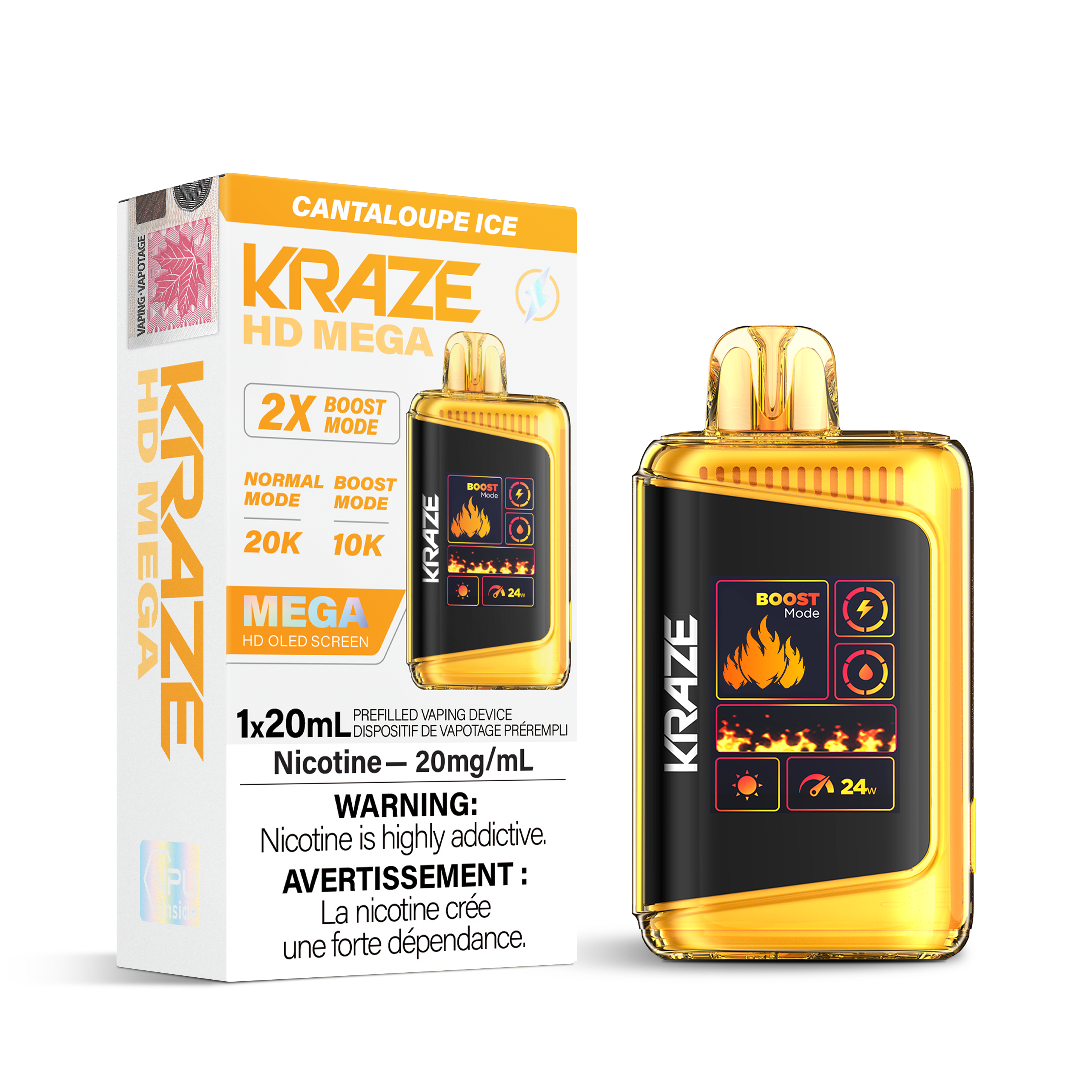 Kraze HD Mega Disposable Vape Cantaloupe Ice – 20k puff high-capacity device, dual-mesh coil, OLED display, Type-C recharge; crisp cantaloupe fruit with icy menthol finish.