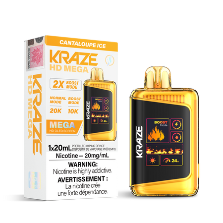 Kraze HD Mega Disposable Vape Cantaloupe Ice – 20k puff high-capacity device, dual-mesh coil, OLED display, Type-C recharge; crisp cantaloupe fruit with icy menthol finish.