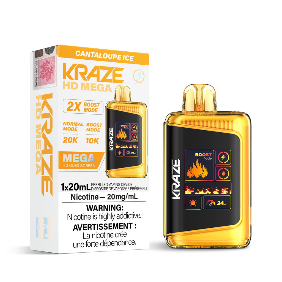 Kraze HD Mega Disposable Vape Cantaloupe Ice – 20k puff high-capacity device, dual-mesh coil, OLED display, Type-C recharge; crisp cantaloupe fruit with icy menthol finish.