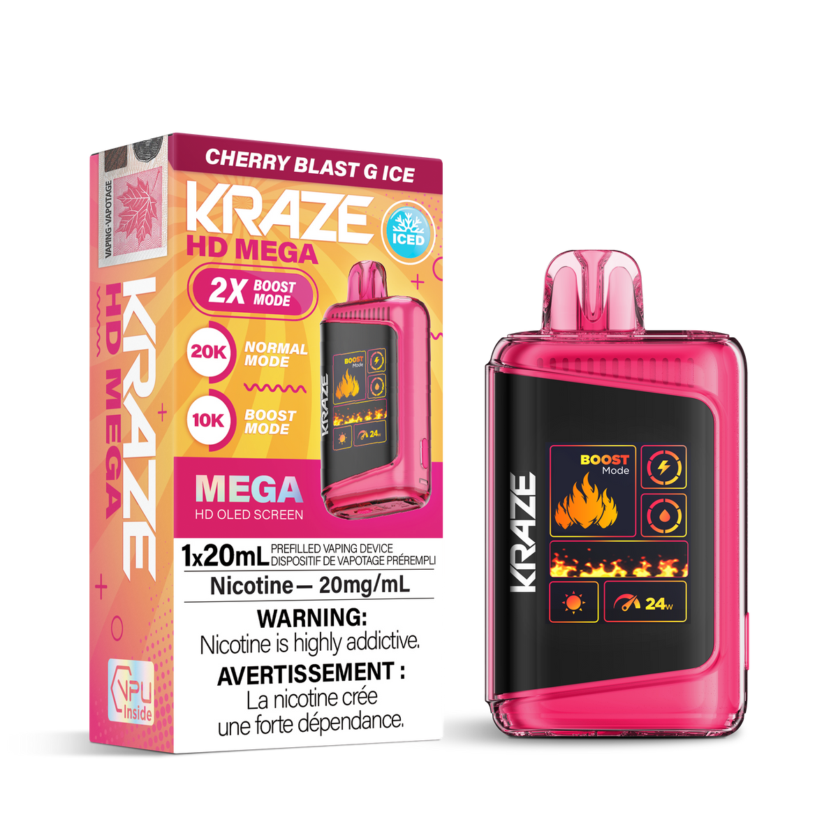 Kraze HD Mega Disposable Vape Cherry Blast G Ice – 20K-puff ultra capacity device, dual mesh coil, OLED display, USB-C recharge; bold sour cherry burst with icy menthol finish."