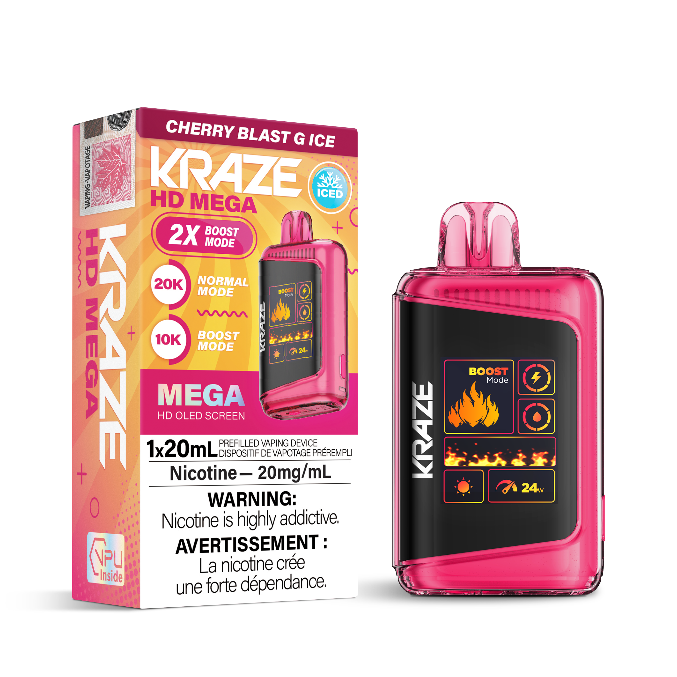 Kraze HD Mega Disposable Vape Cherry Blast G Ice – 20K-puff ultra capacity device, dual mesh coil, OLED display, USB-C recharge; bold sour cherry burst with icy menthol finish."