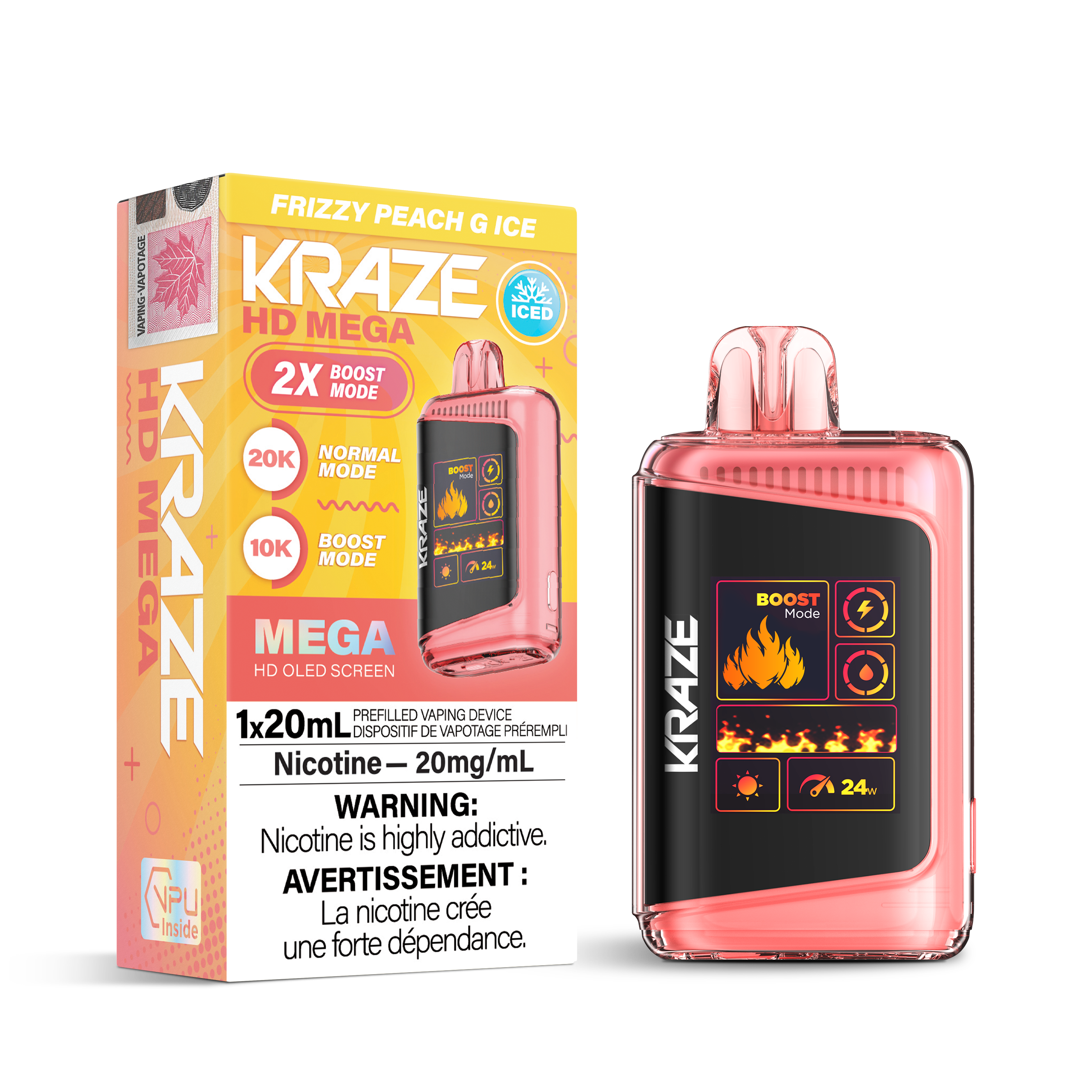 Kraze HD Mega Disposable Vape Frizzy Peach G Ice – long-lasting 20K puffs, dual-mesh coil, OLED screen, USB-C recharge; fizzy ripe peach burst with frosty menthol finish.
