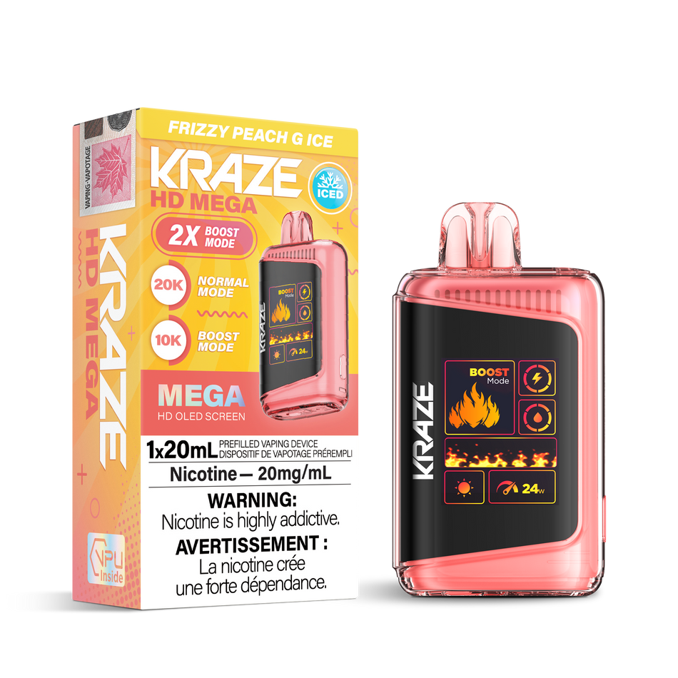 Kraze HD Mega Disposable Vape Frizzy Peach G Ice – long-lasting 20K puffs, dual-mesh coil, OLED screen, USB-C recharge; fizzy ripe peach burst with frosty menthol finish.