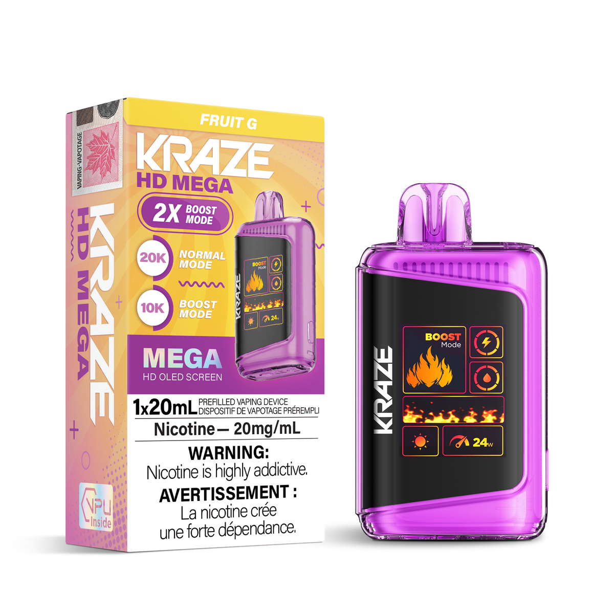 Kraze HD Mega Disposable Vape Fruit G – up to 20 000 puff super-capacity device, 20 mL e-liquid, OLED screen, dual mesh coil, Type-C recharge; vibrant mixed fruit flavour.