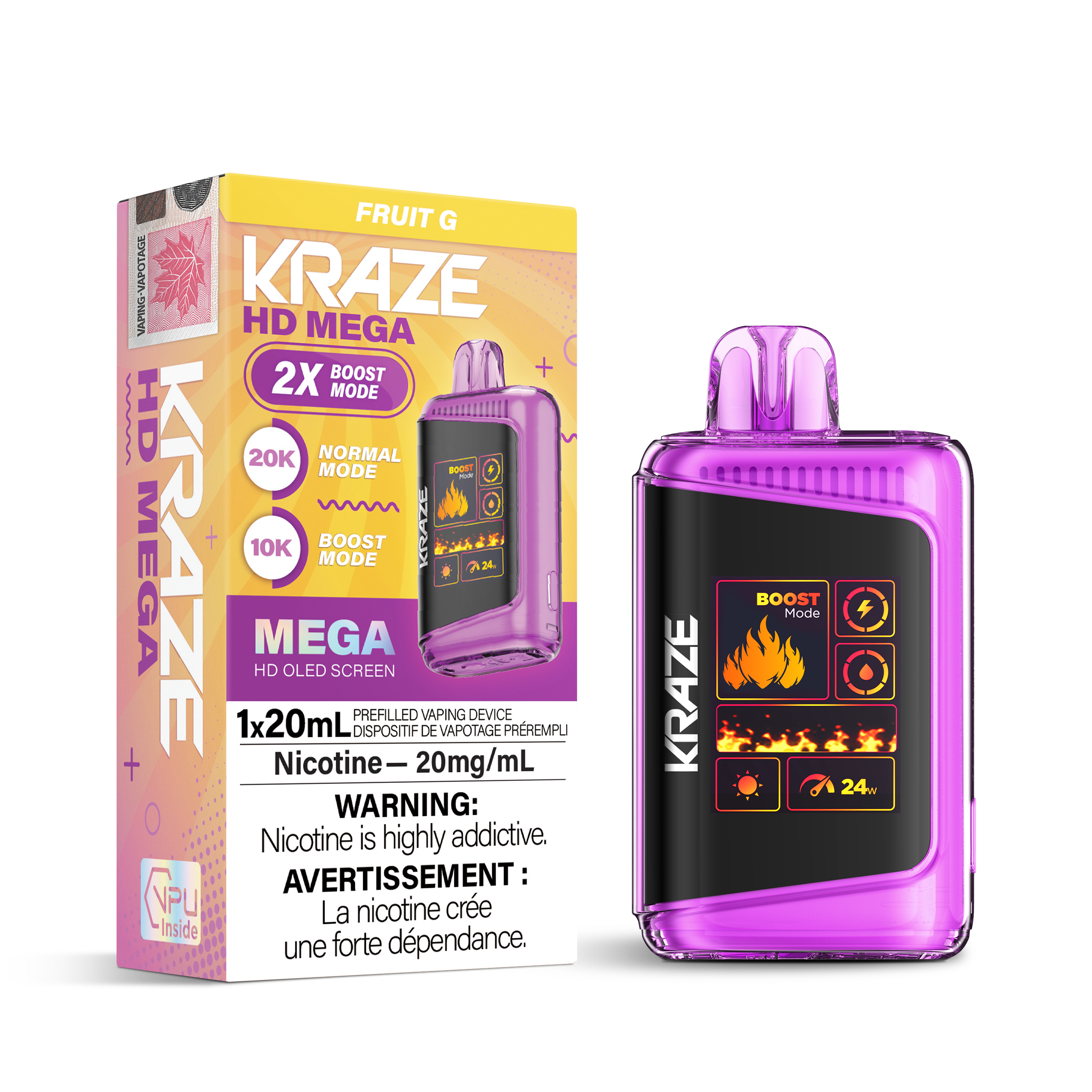 Kraze HD Mega Disposable Vape Fruit G – up to 20 000 puff super-capacity device, 20 mL e-liquid, OLED screen, dual mesh coil, Type-C recharge; vibrant mixed fruit flavour.