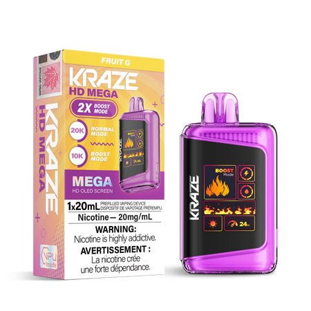 Kraze HD Mega Disposable Vape Fruit G – up to 20 000 puff super-capacity device, 20 mL e-liquid, OLED screen, dual mesh coil, Type-C recharge; vibrant mixed fruit flavour.