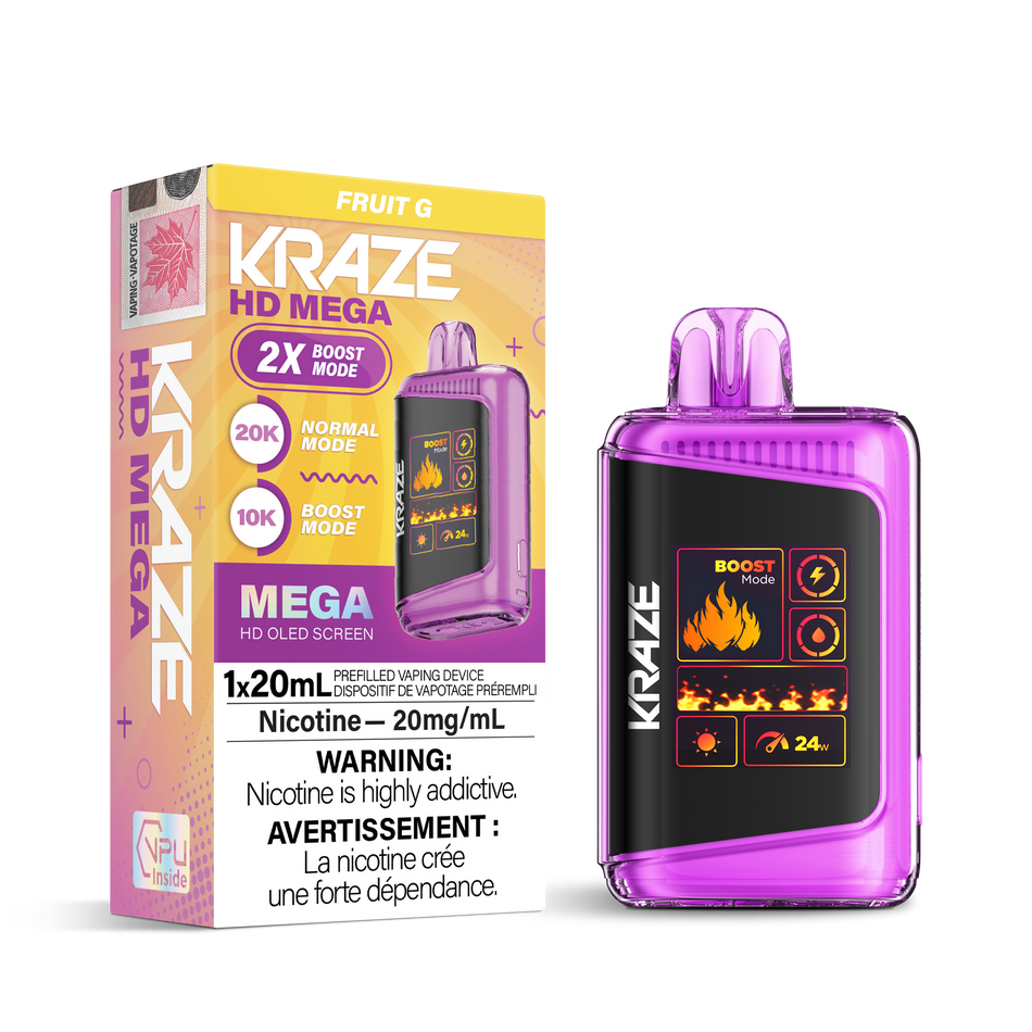 Kraze HD Mega Disposable Vape Fruit G – up to 20 000 puff super-capacity device, 20 mL e-liquid, OLED screen, dual mesh coil, Type-C recharge; vibrant mixed fruit flavour.