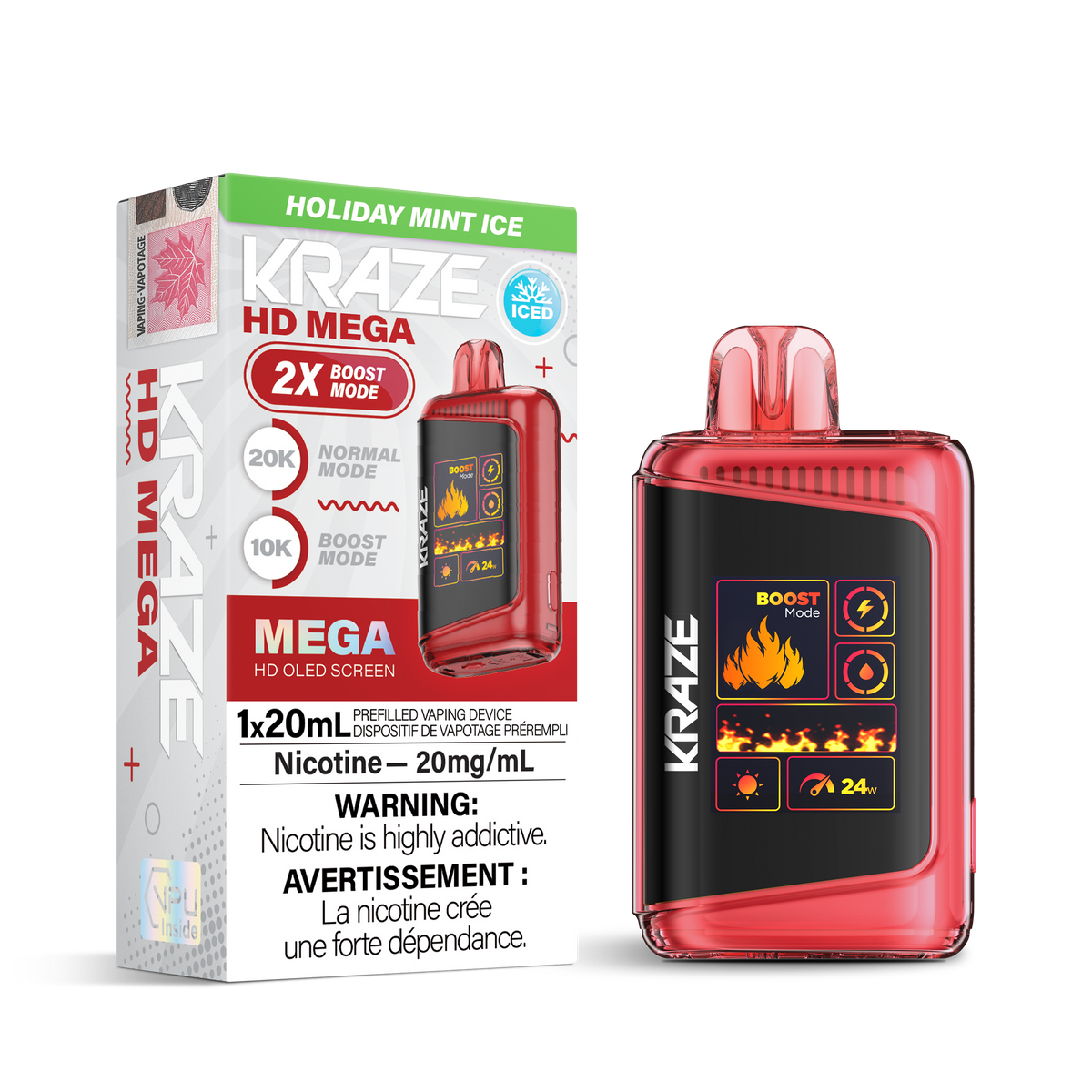 Kraze HD Mega Disposable Vape Holiday Mint Ice – 20K‑puff ultra capacity device, dual‑mesh coil, HD OLED screen, USB‑C recharge; crunchy mint with frosty menthol finish.