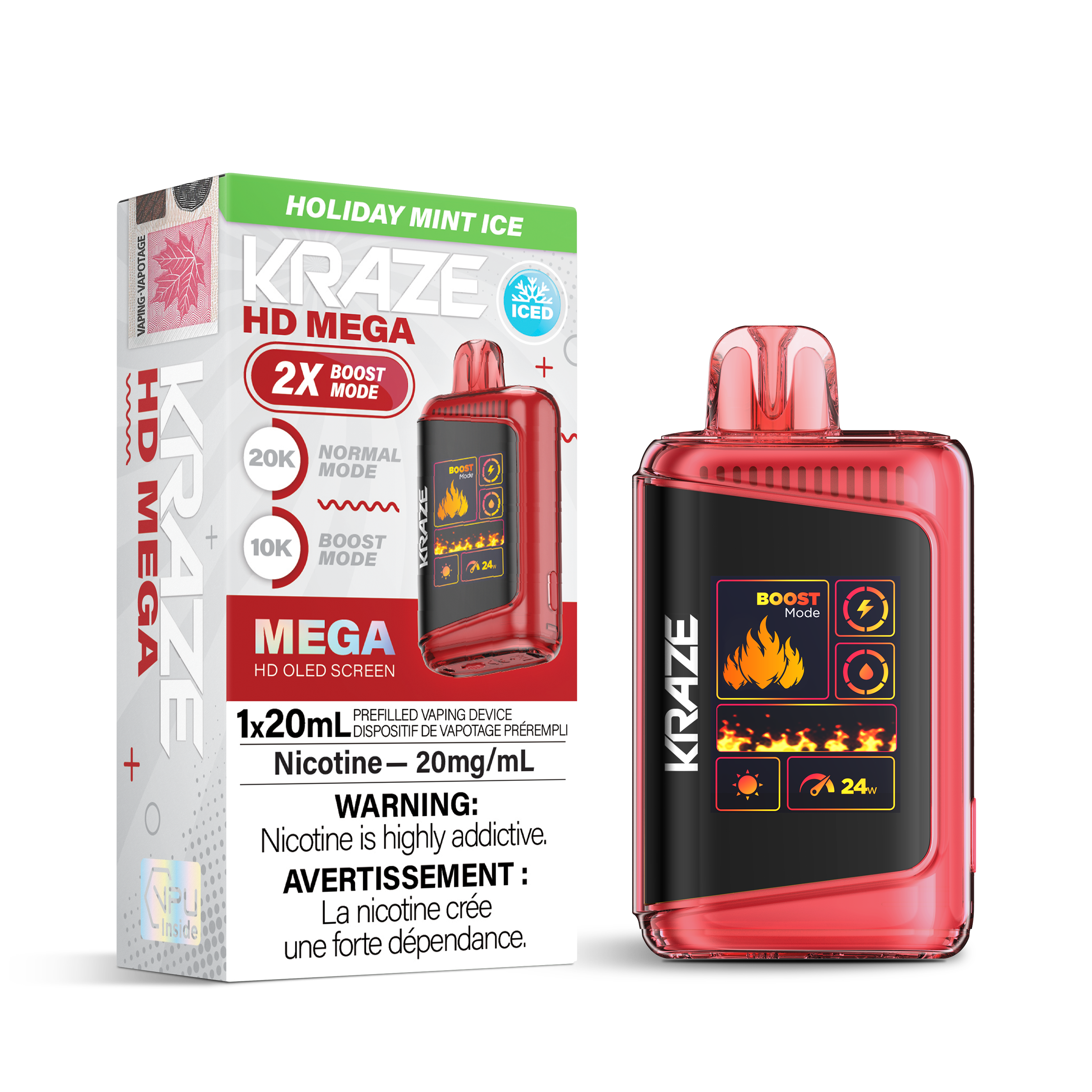 Kraze HD Mega Disposable Vape Holiday Mint Ice – 20K‑puff ultra capacity device, dual‑mesh coil, HD OLED screen, USB‑C recharge; crunchy mint with frosty menthol finish.