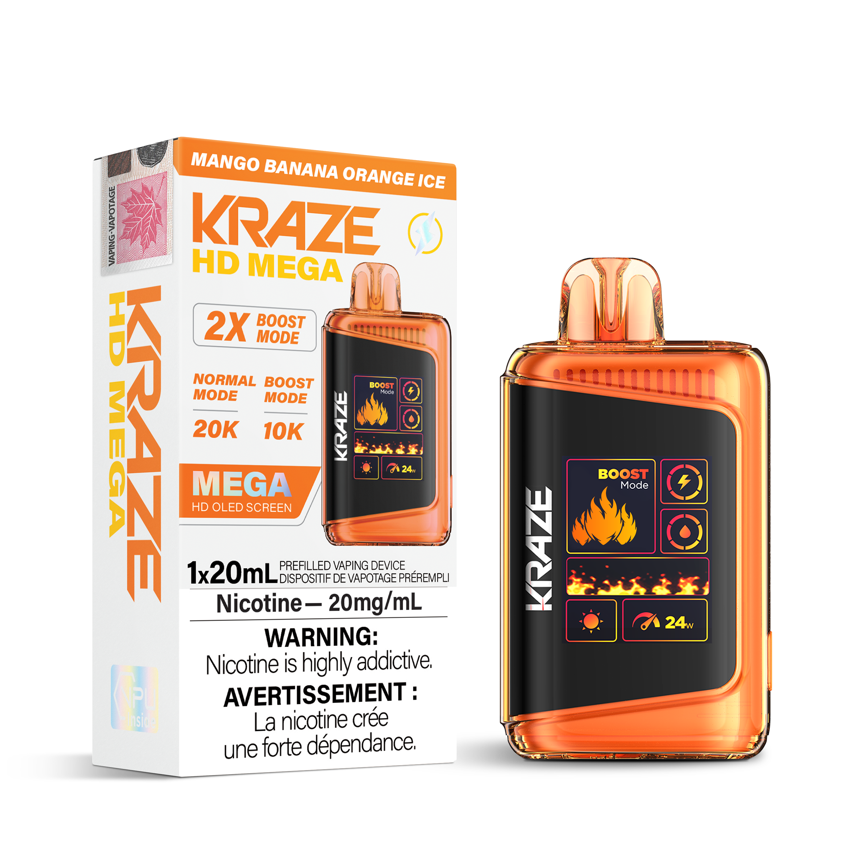 Kraze HD Mega Disposable Vape Mango Banana Orange Ice – 20K‑puff ultra‑capacity device, dual‑mesh coil, OLED screen, Type‑C recharge; tropical mango, creamy banana & zesty orange with icy menthol.