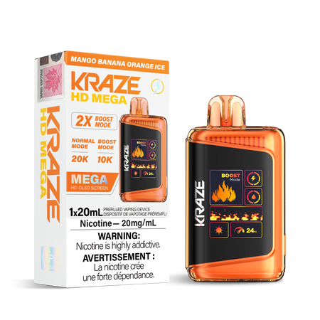 Kraze HD Mega Disposable Vape Mango Banana Orange Ice – 20K‑puff ultra‑capacity device, dual‑mesh coil, OLED screen, Type‑C recharge; tropical mango, creamy banana & zesty orange with icy menthol.