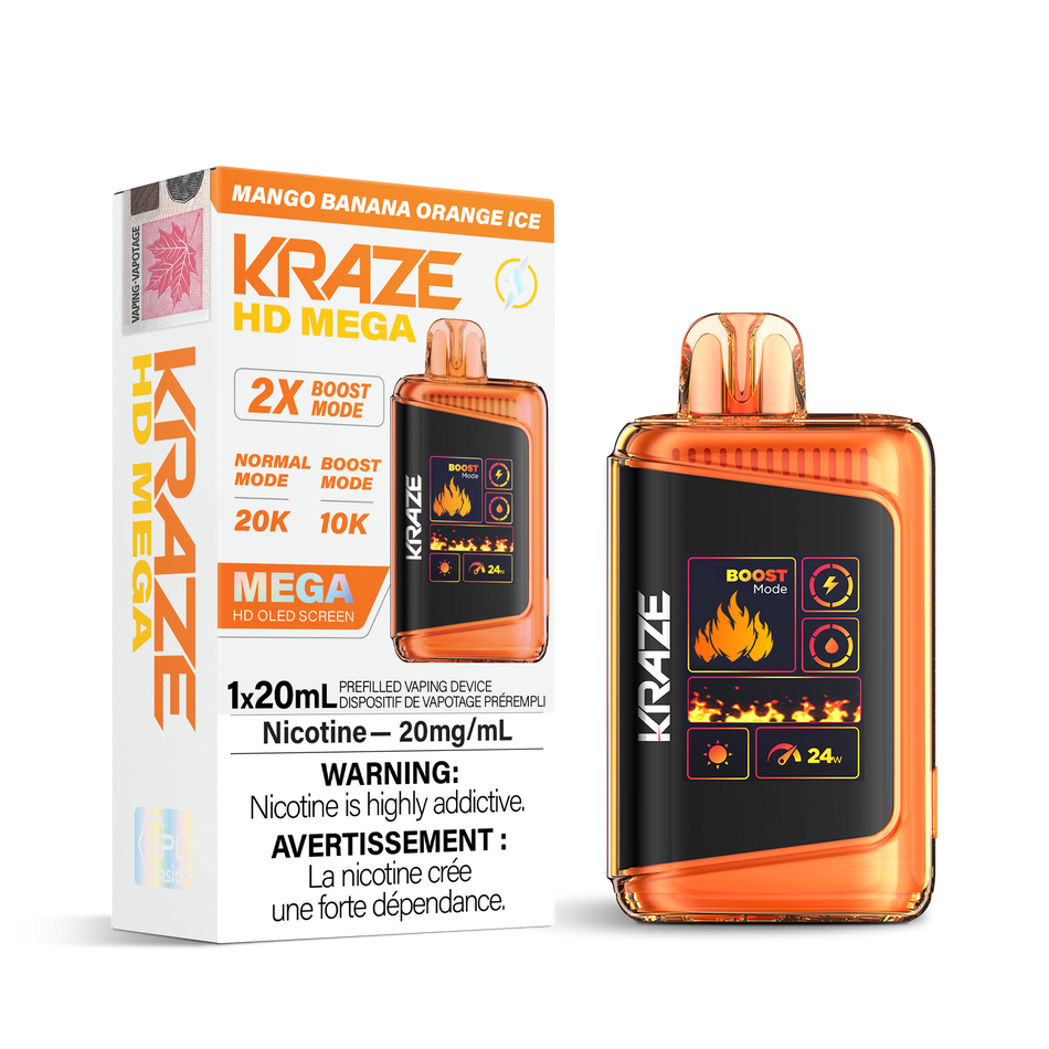 Kraze HD Mega Disposable Vape Mango Banana Orange Ice – 20K‑puff ultra‑capacity device, dual‑mesh coil, OLED screen, Type‑C recharge; tropical mango, creamy banana & zesty orange with icy menthol.