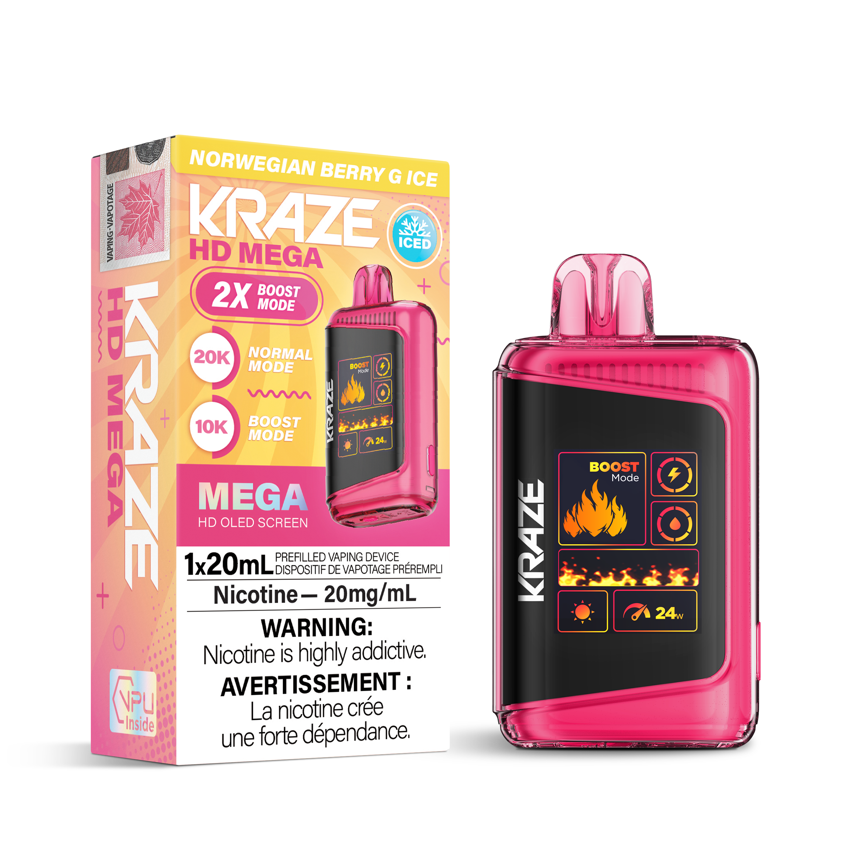 Kraze HD Mega Disposable Vape Norwegian Berry G – ultra‑capacity 20K‑puff device, dual‑mesh coil, OLED screen, Type‑C recharge; crisp Nordic berry blend.