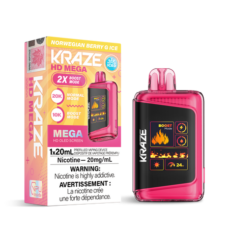 Kraze HD Mega Disposable Vape Norwegian Berry G – ultra‑capacity 20K‑puff device, dual‑mesh coil, OLED screen, Type‑C recharge; crisp Nordic berry blend.