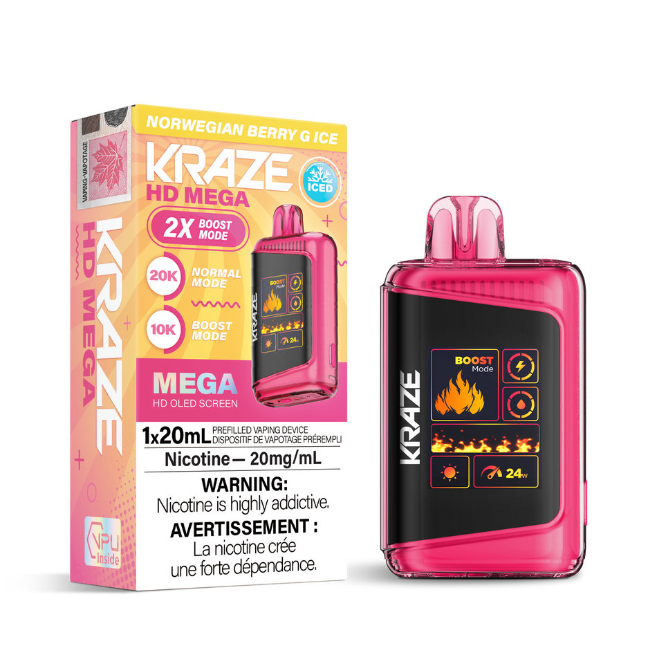 Kraze HD Mega Disposable Vape Norwegian Berry G – ultra‑capacity 20K‑puff device, dual‑mesh coil, OLED screen, Type‑C recharge; crisp Nordic berry blend.