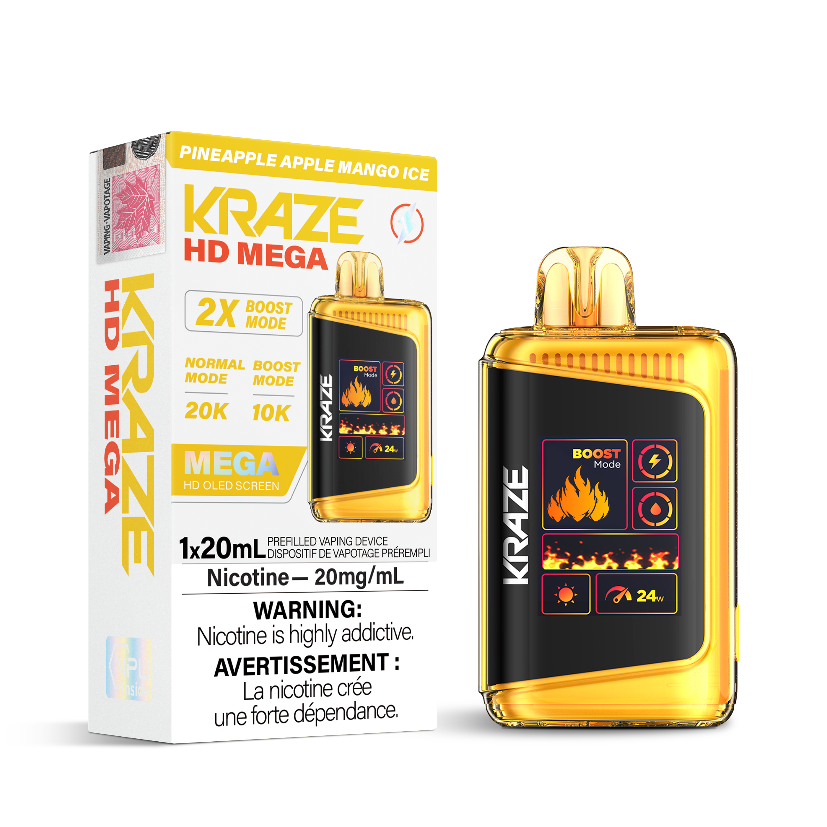 Kraze HD Mega Disposable Vape Pineapple Apple Mango Ice – ultra‑capacity 20K puffs, dual‑mesh coil, OLED screen, Type‑C recharge; exotic pineapple, crisp apple & sweet mango with icy menthol finish.