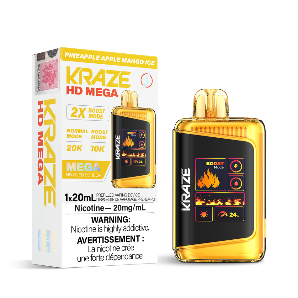 Kraze HD Mega Disposable Vape Pineapple Apple Mango Ice – ultra‑capacity 20K puffs, dual‑mesh coil, OLED screen, Type‑C recharge; exotic pineapple, crisp apple & sweet mango with icy menthol finish.