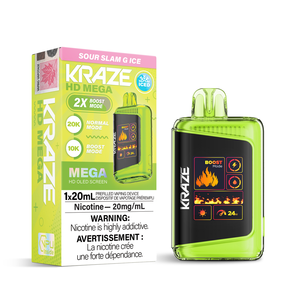 Kraze HD Mega Disposable Vape Sour Slam G Ice – ultra-capacity 20K-puff device, dual-mesh coil, OLED screen, Type-C recharge; tangy lemon-lime sour burst with icy menthol finish."