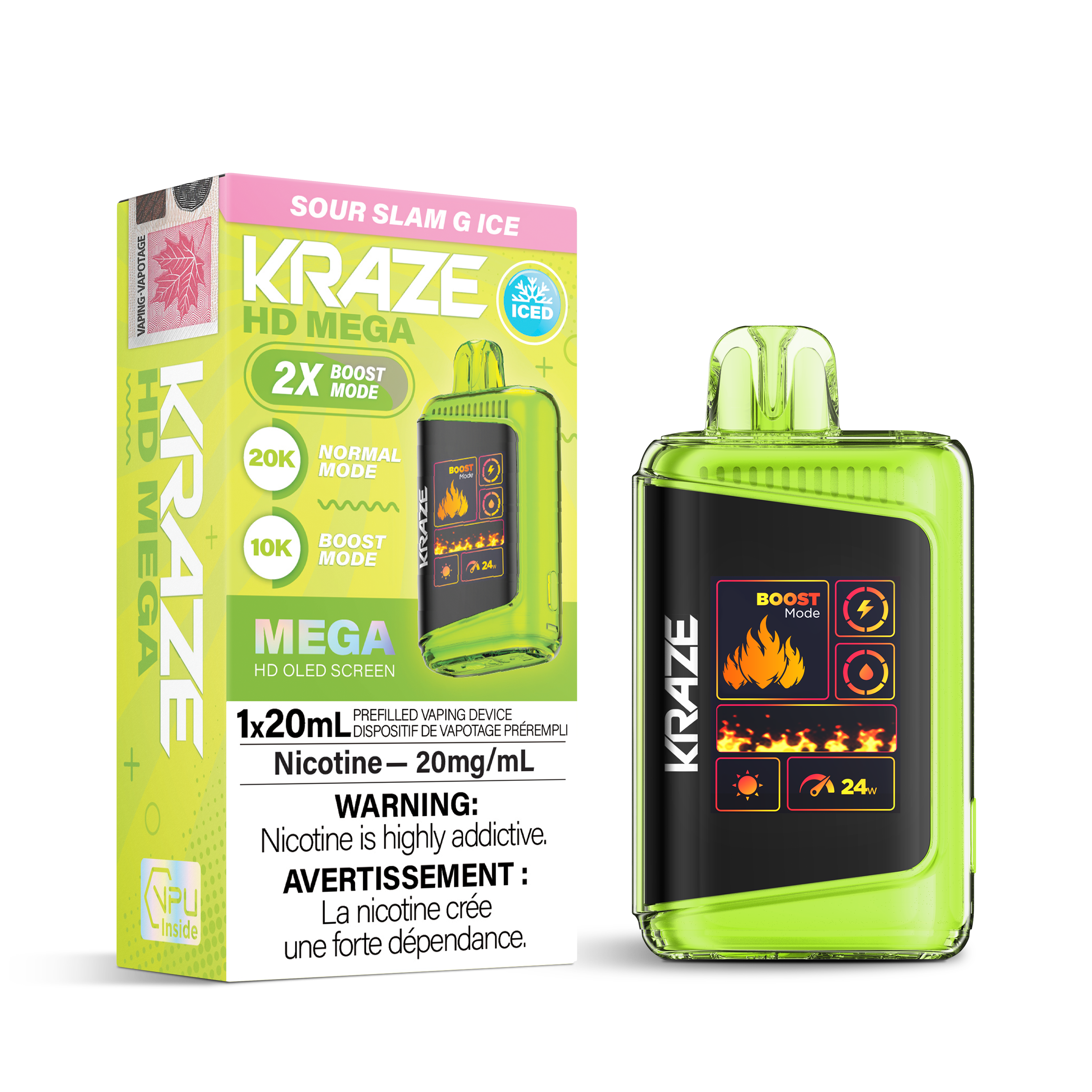Kraze HD Mega Disposable Vape Sour Slam G Ice – ultra-capacity 20K-puff device, dual-mesh coil, OLED screen, Type-C recharge; tangy lemon-lime sour burst with icy menthol finish."