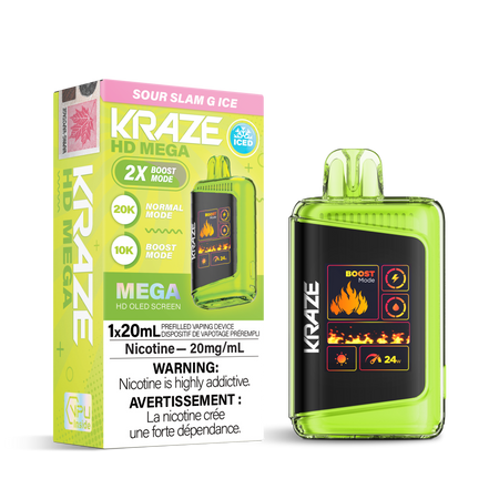 Kraze HD Mega Disposable Vape Sour Slam G Ice – ultra-capacity 20K-puff device, dual-mesh coil, OLED screen, Type-C recharge; tangy lemon-lime sour burst with icy menthol finish."