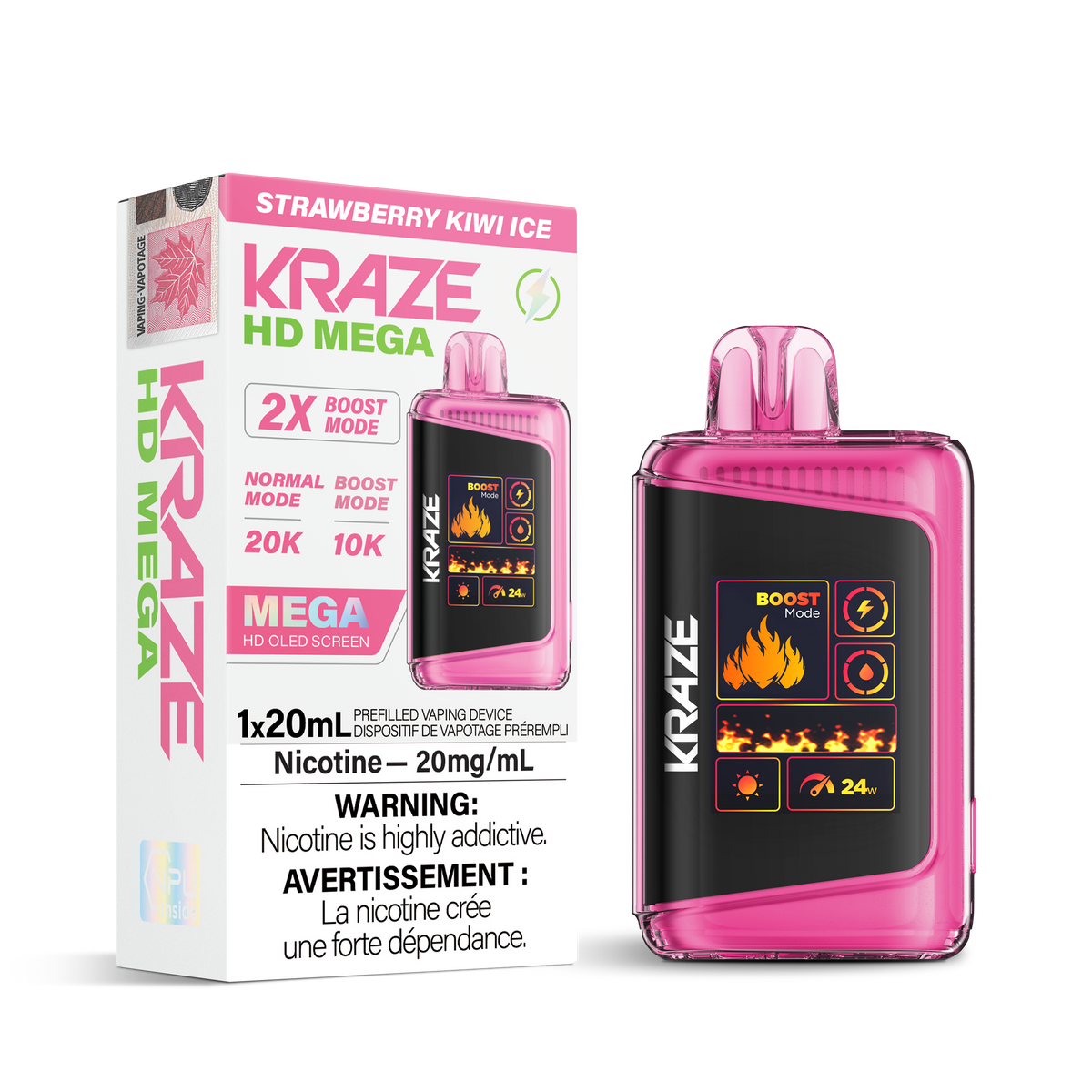 Kraze HD Mega Disposable Vape Strawberry Kiwi Ice – ultra-capacity 20K-puff device with dual-mesh coils, OLED screen, USB-C recharge; ripe strawberry & tangy kiwi with frosty menthol finish.