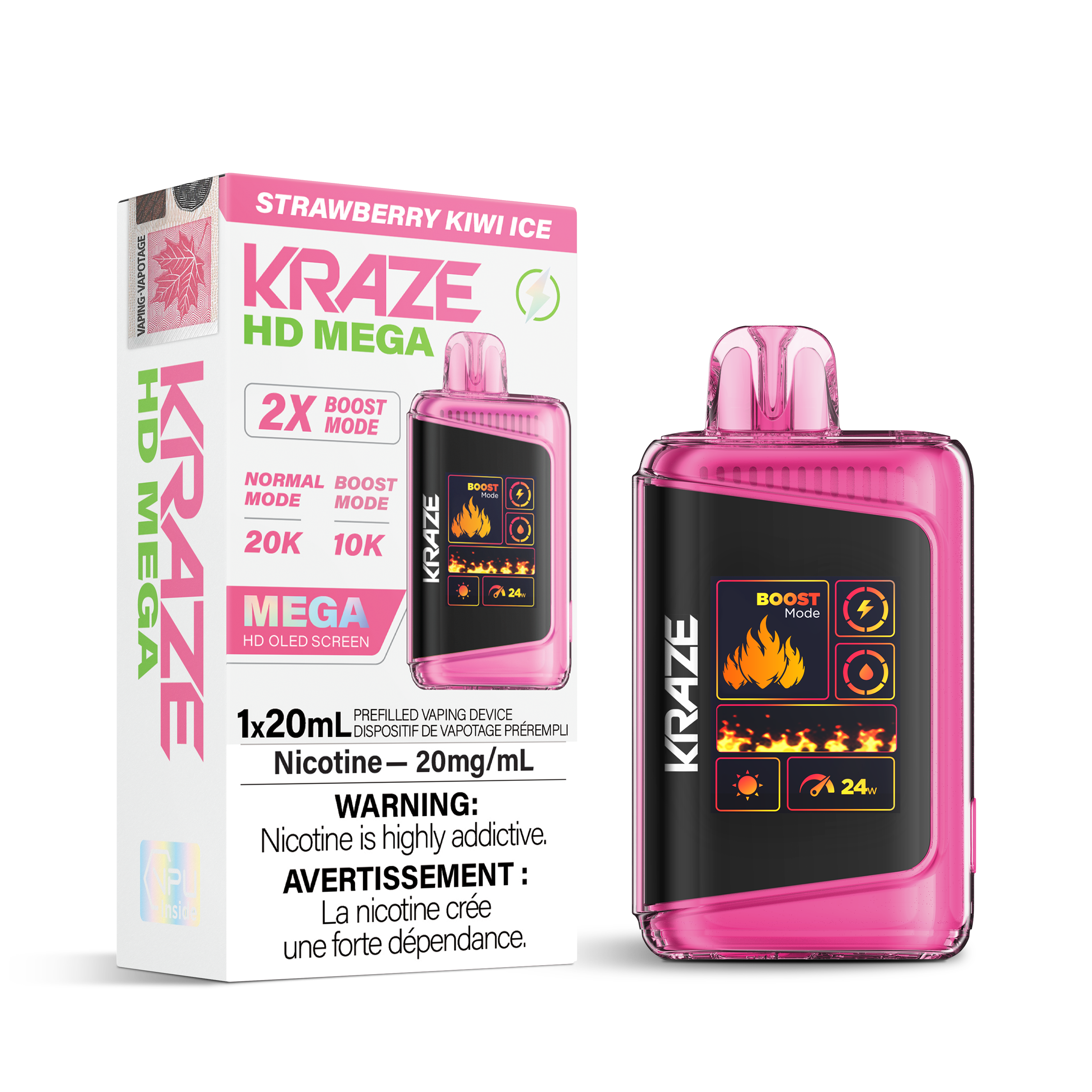 Kraze HD Mega Disposable Vape Strawberry Kiwi Ice – ultra-capacity 20K-puff device with dual-mesh coils, OLED screen, USB-C recharge; ripe strawberry & tangy kiwi with frosty menthol finish.