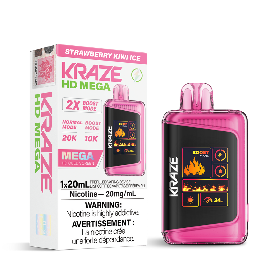 Kraze HD Mega Disposable Vape Strawberry Kiwi Ice – ultra-capacity 20K-puff device with dual-mesh coils, OLED screen, USB-C recharge; ripe strawberry & tangy kiwi with frosty menthol finish.