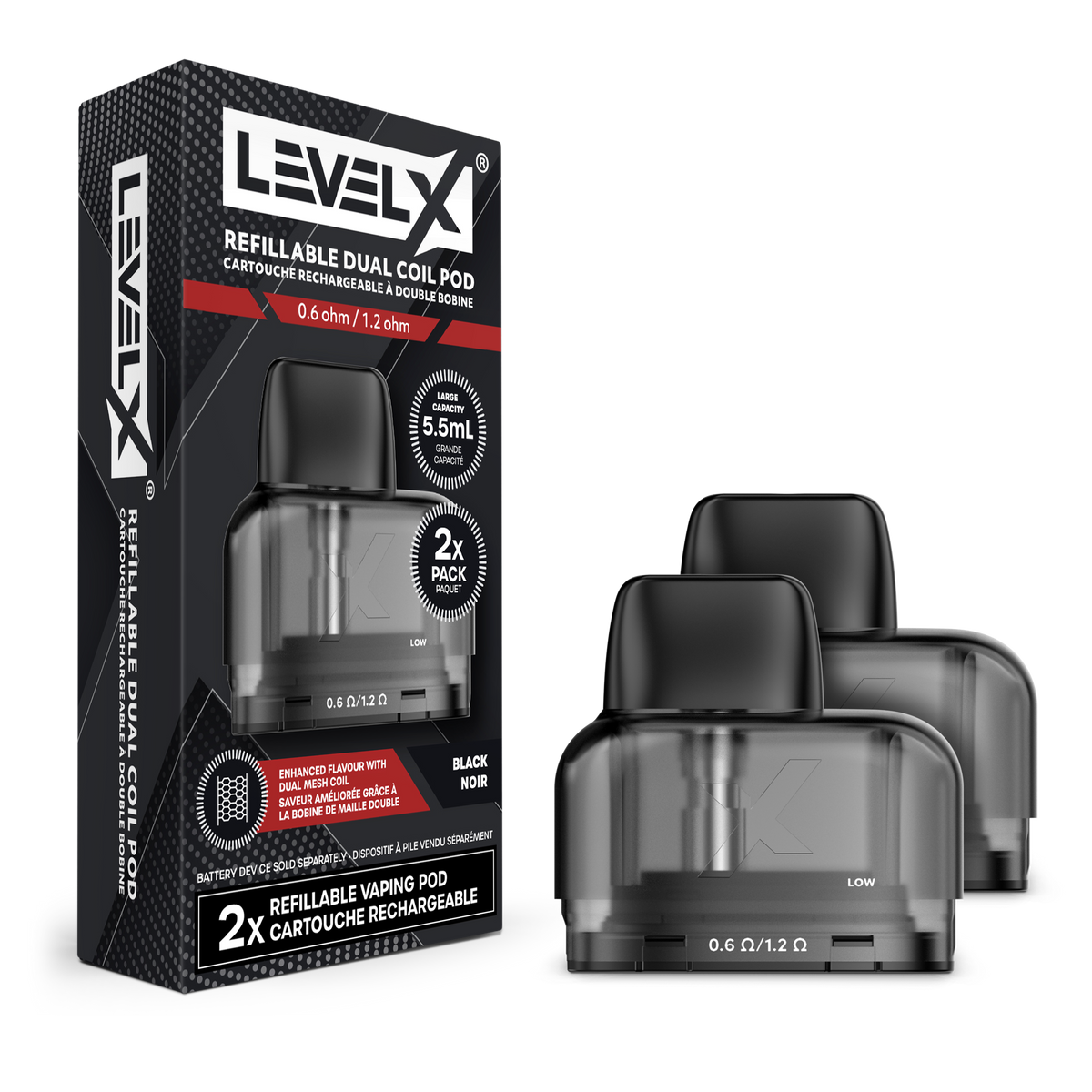 Level X 5.5ml Refillable Pod pack featuring dual coils for enhanced flavor and adjustable airflow.