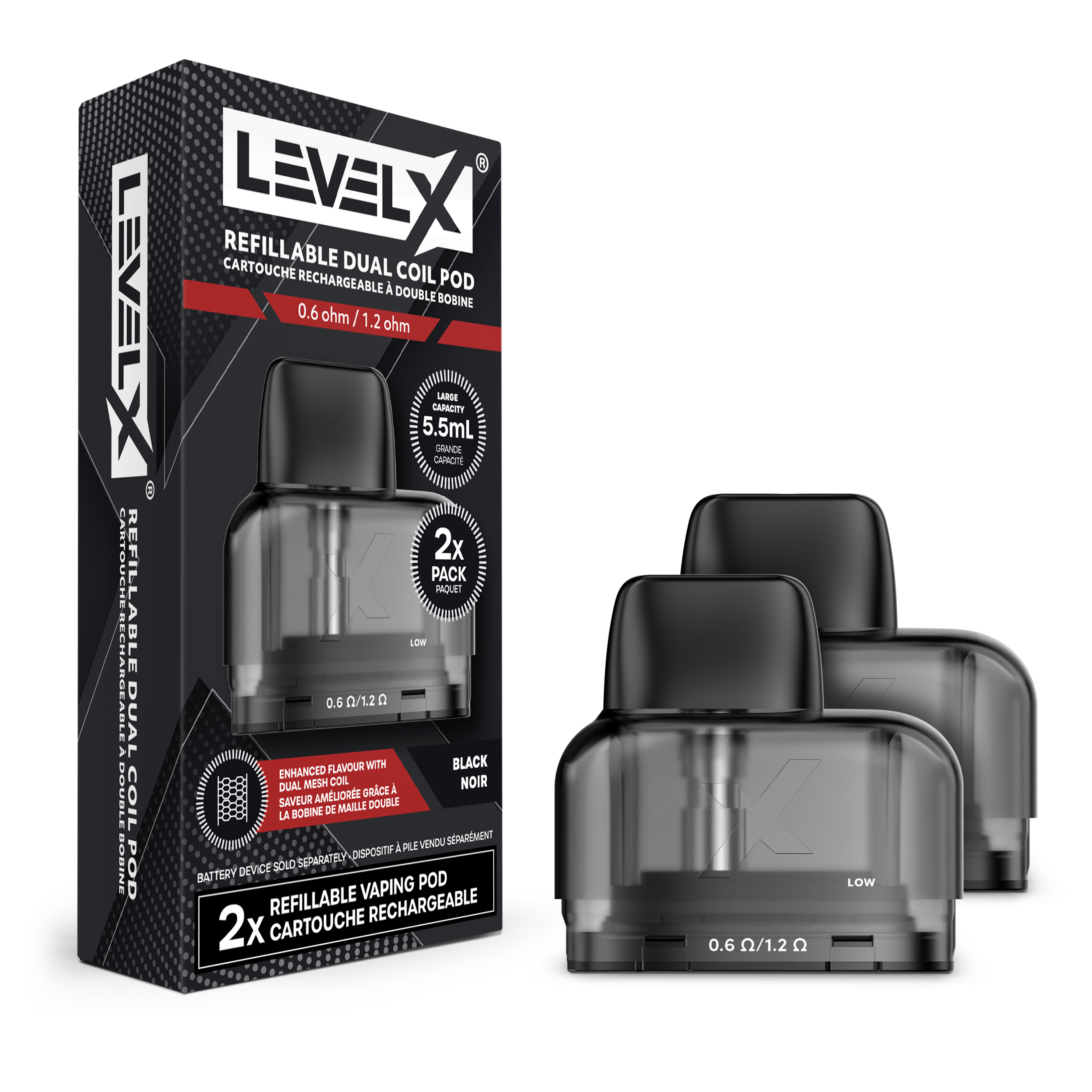 Level X 5.5ml Refillable Pod pack featuring dual coils for enhanced flavor and adjustable airflow.