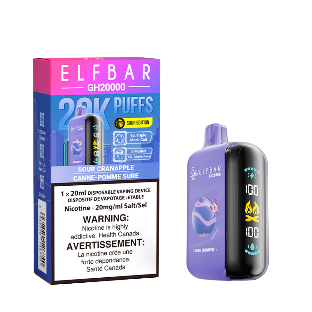 Elf Bar GH20000 Sour Cranapple delivers up to 20,000 puffs of tart cranberry and crisp apple flavor with customizable modes and rich vapor.