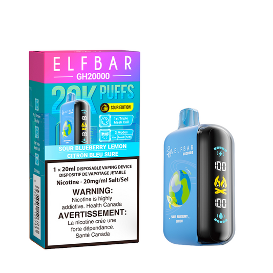 Elf Bar GH20000 Sour Blueberry Lemon delivers up to 20,000 puffs of tangy blueberry and zesty lemon flavor with customizable modes and rich vapor.