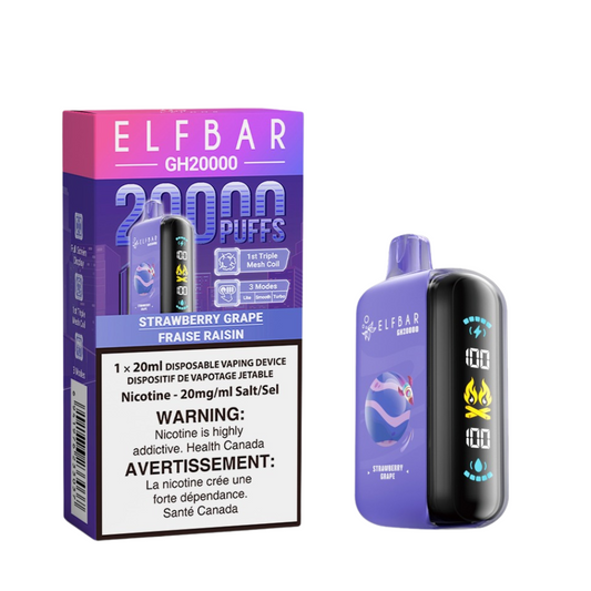 Elf Bar GH20000 Strawberry Grape delivers up to 20,000 puffs of sweet strawberry and grape flavor with customizable modes and rich vapor.