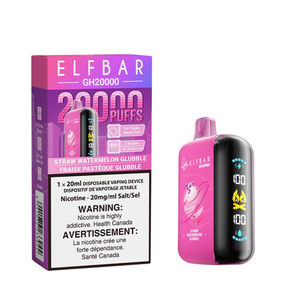 Elf Bar GH20000 Straw Watermelon Glubble delivers up to 20,000 puffs of sweet strawberry and watermelon flavor with customizable modes and rich vapor.
