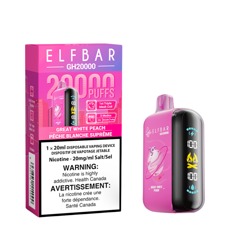 Elf Bar GH20000 Great White Peach delivers up to 20,000 puffs of juicy white peach flavor with customizable modes, rich vapor, and a long-lasting battery.
