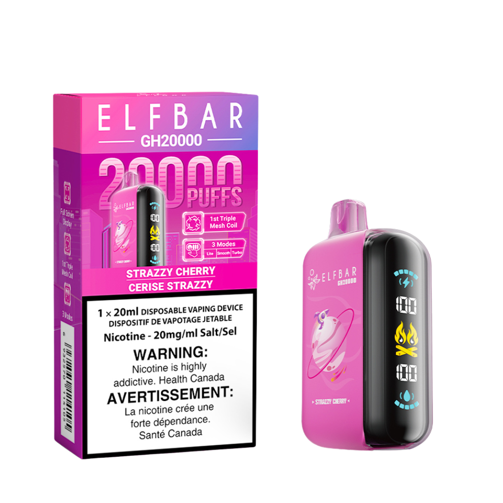 Elf Bar GH20000 Strazzy Cherry delivers up to 20,000 puffs of sweet strawberry and cherry flavor with customizable modes and rich vapor.