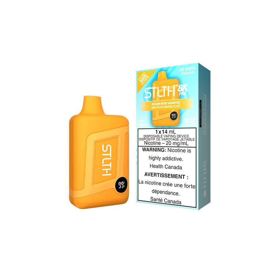STLTH 8K PRO Disposable in Dragon Berry Mango Ice flavor with LED screen and bold design.