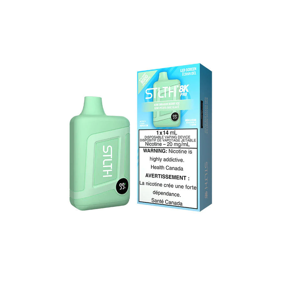 STLTH 8K PRO Disposable Kiwi Dragon Berry Ice vape device in mint green packaging with nicotine warning.