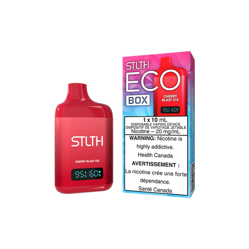 Explore the STLTH ECO BOX Disposable — 10 mL flavour capacity, rechargeable USB-C, battery & e-liquid levels, and adjustable airflow for your style.