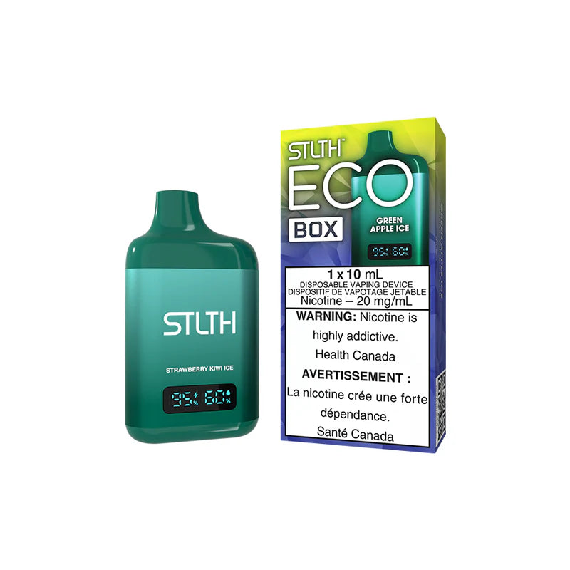 Explore the STLTH ECO BOX Disposable — 10 mL flavour capacity, rechargeable USB-C, battery & e-liquid levels, and adjustable airflow for your style.