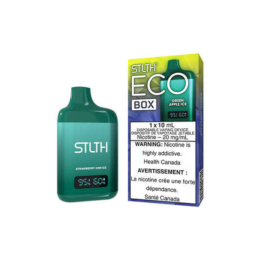 Explore the STLTH ECO BOX Disposable — 10 mL flavour capacity, rechargeable USB-C, battery & e-liquid levels, and adjustable airflow for your style.