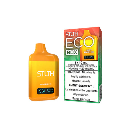 Explore the STLTH ECO BOX Disposable — 10 mL flavour capacity, rechargeable USB-C, battery & e-liquid levels, and adjustable airflow for your style.