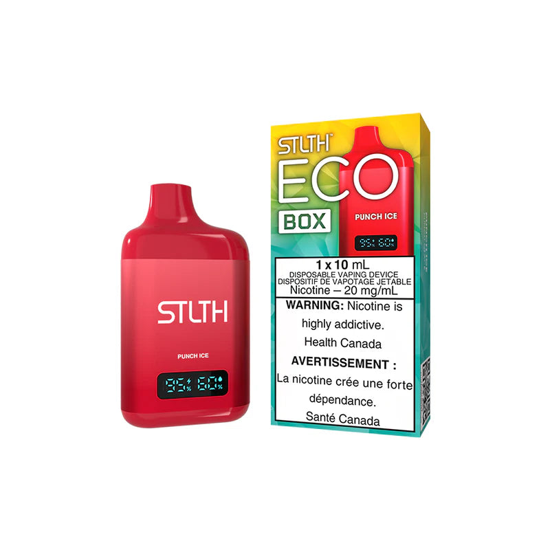 Explore the STLTH ECO BOX Disposable — 10 mL flavour capacity, rechargeable USB-C, battery & e-liquid levels, and adjustable airflow for your style.