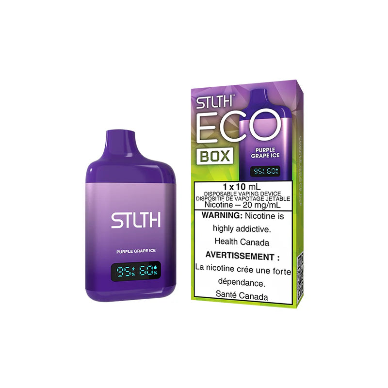 Explore the STLTH ECO BOX Disposable — 10 mL flavour capacity, rechargeable USB-C, battery & e-liquid levels, and adjustable airflow for your style.