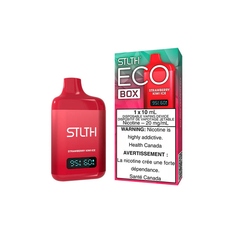 Explore the STLTH ECO BOX Disposable — 10 mL flavour capacity, rechargeable USB-C, battery & e-liquid levels, and adjustable airflow for your style.