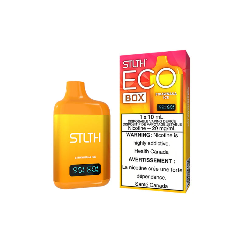 Explore the STLTH ECO BOX Disposable — 10 mL flavour capacity, rechargeable USB-C, battery & e-liquid levels, and adjustable airflow for your style.